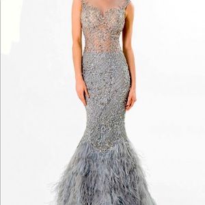 Terani Couture crystal embellished gown with ostrich feathers